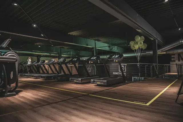 Zona de cardio con una fila de cintas de correr sobre suelo de madera